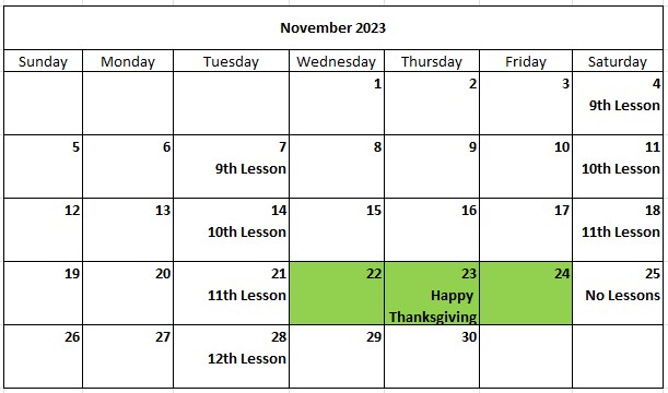 Corning Flute Studio Calendar 2023-11 Nov