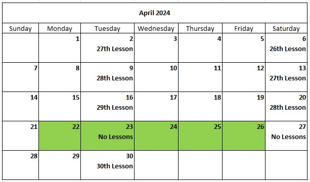 Corning Flute Studio Calendar 2024-04 Apr